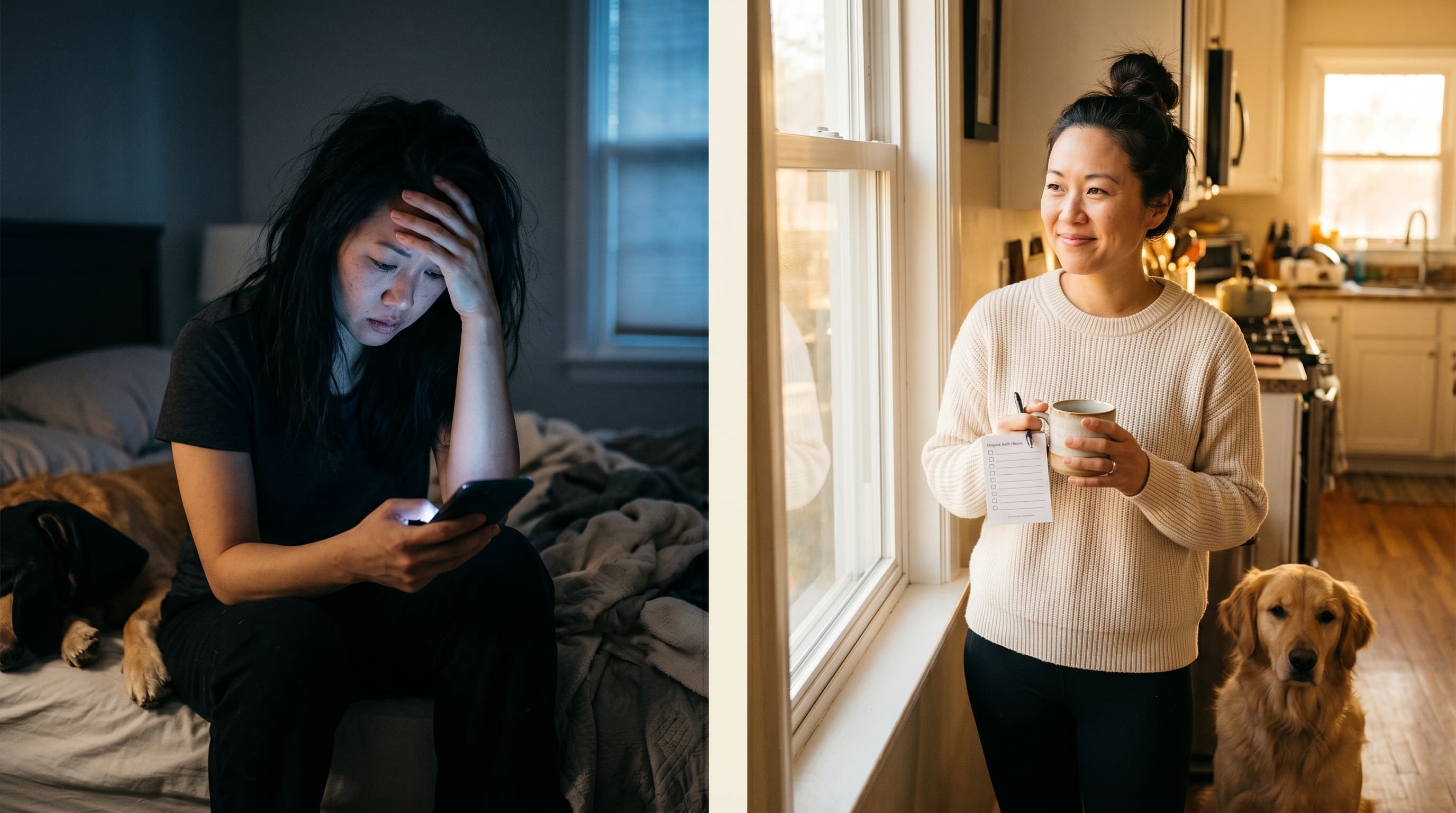 Split image: a stressed owner at 1 a.m., and the same person calm in the morning kitchen