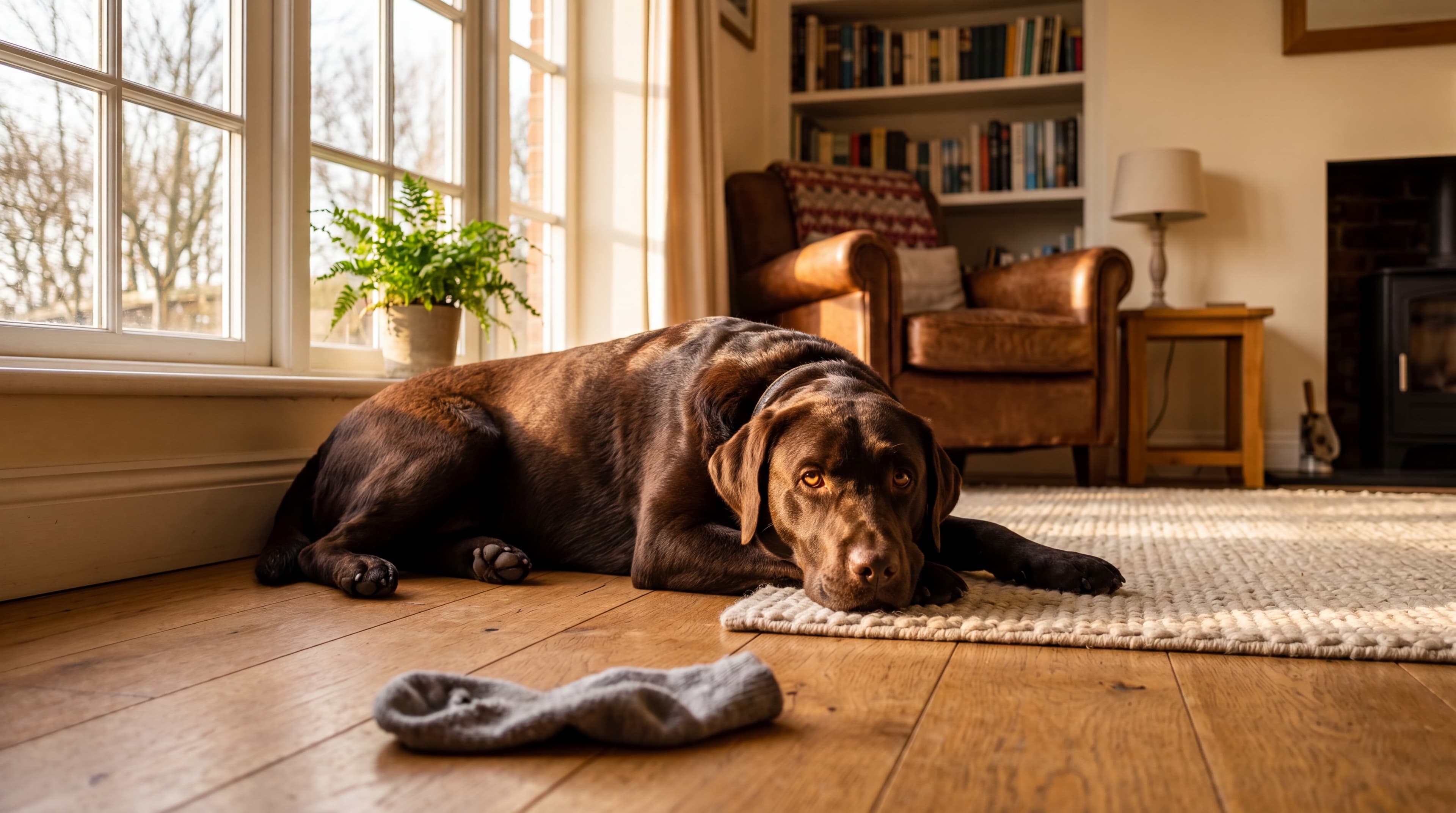 Bowie, the chocolate Labrador, resting on a hardwood floor in afternoon light