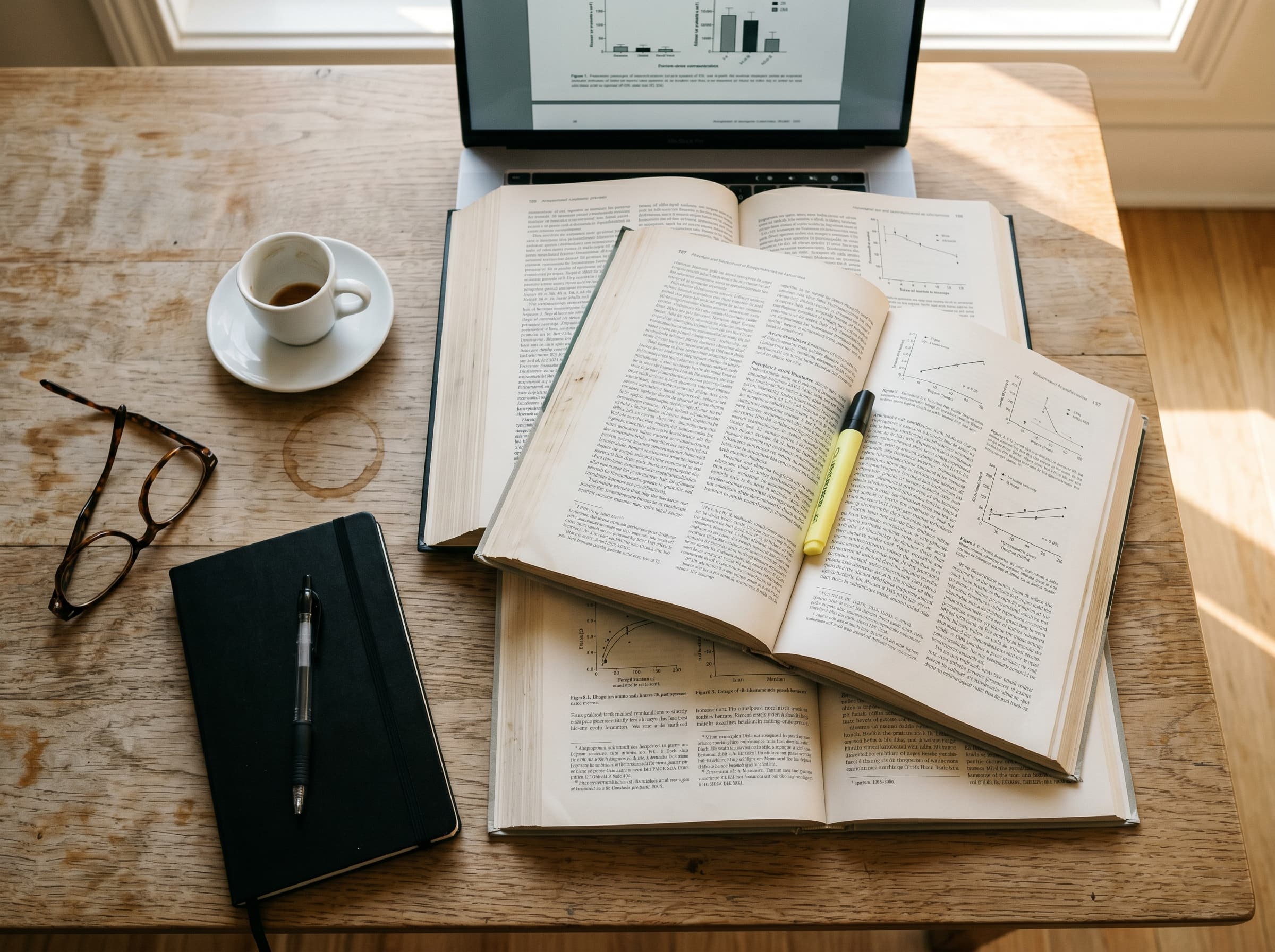 A research desk with open journals, highlighter, glasses and coffee